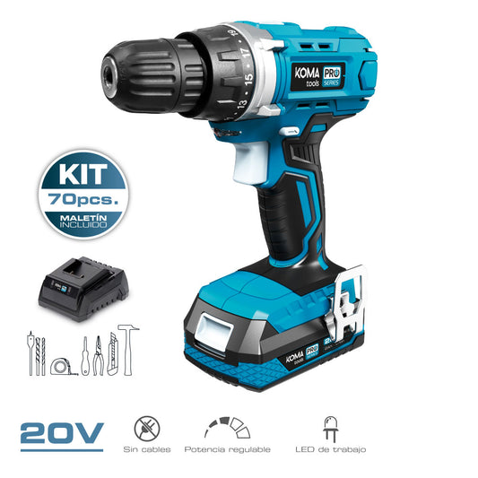 Kit maletín taladro atornillador 70 accesorios 20V | KOMA
