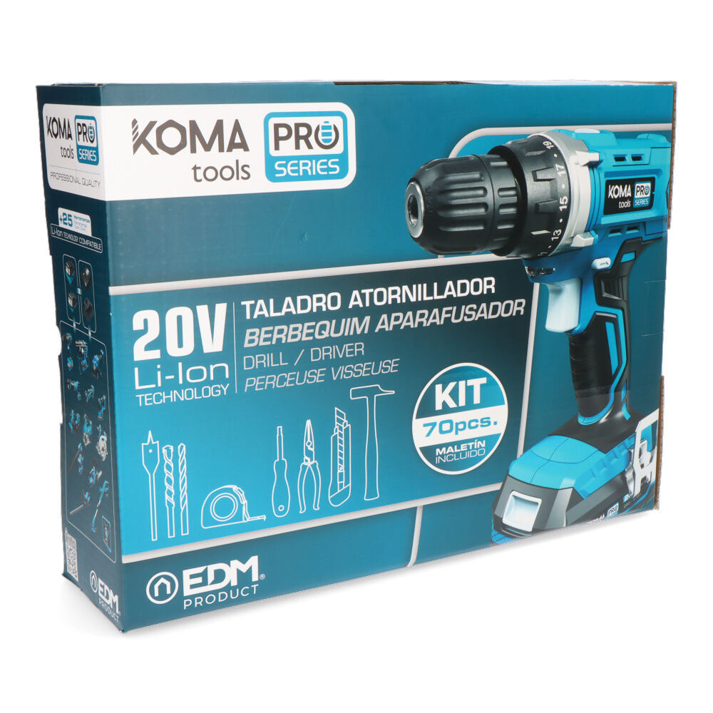 Kit maletín taladro atornillador 70 accesorios 20V | KOMA