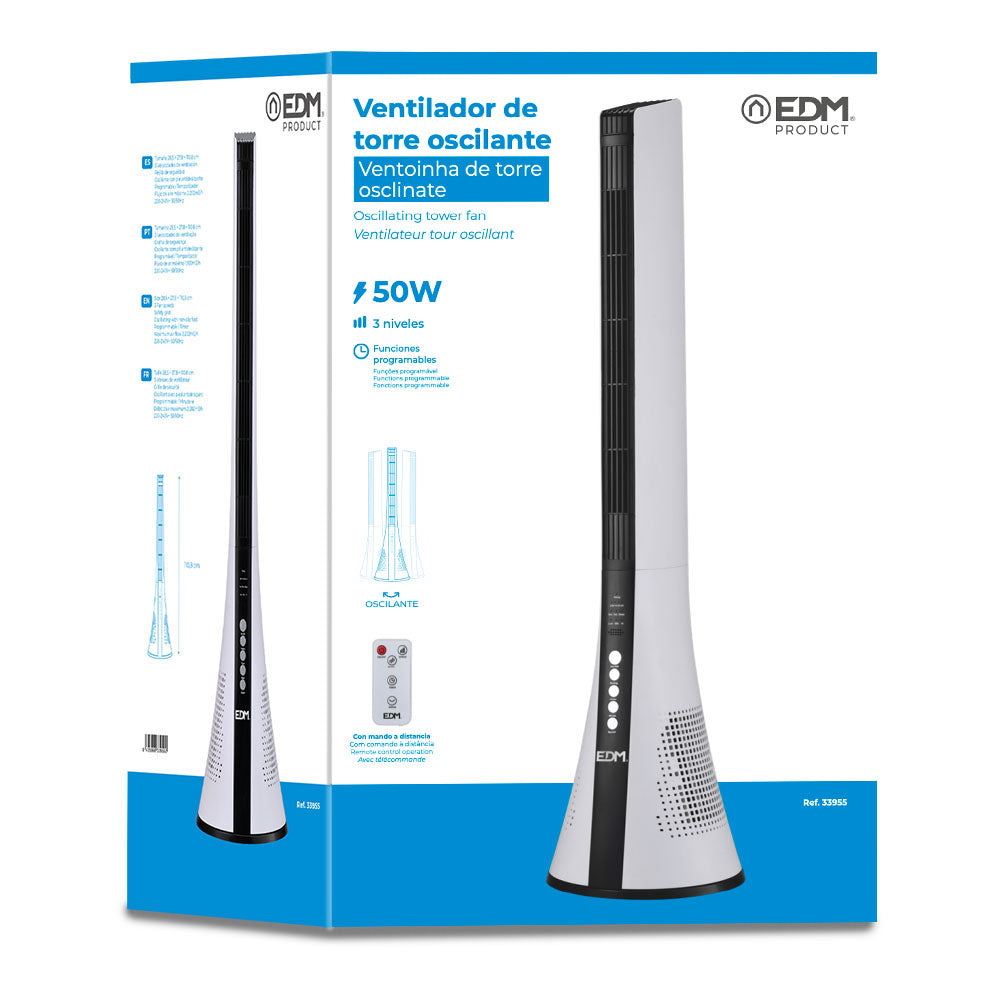 Ventilador de torre con mando blanco 50W | EDM