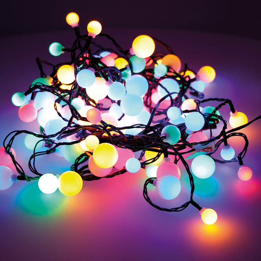 GUIRNALDA "CHERRY" LED LUCES DE TRES MEDIDAS 14m 120 LEDS MULTICOLOR EXTERIOR